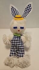 Vintage Easter Bunny Rabbit Yarn Doll Ornament 10"  Japan Gingham Overalls