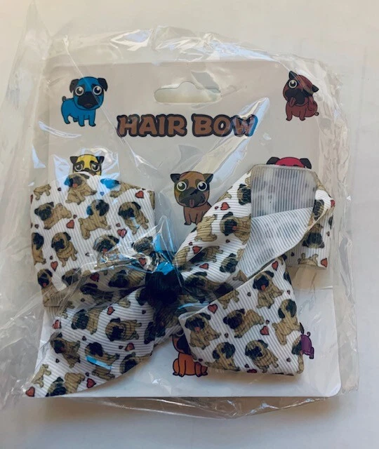 Pug-dog Hair Bow Clip 5 Inch White Bow Background and Brown Pug - Image 1 of 1