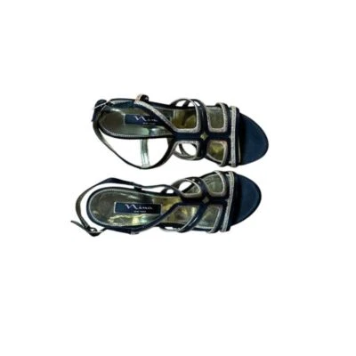 Nina New York Elegant Strappy Evening Sandals Glitter Trim Black & Silver Heel - Image 1 of 4
