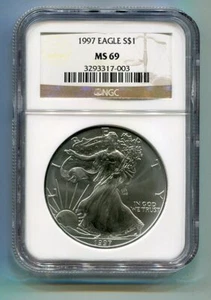1997 AMERICAN SILVER EAGLE NGC MS69 BROWN LABEL PREMIUM QUALITÄT SCHÖNE MÜNZE PQ - Bild 1 von 2