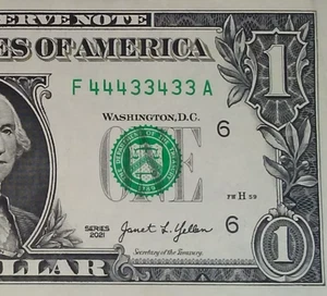 ((BINÄR)) 1 $ 2021 (( 44433433 )) AUSGEFALLENE SERIE # ** PAPIERWÄHRUNG - Bild 1 von 3
