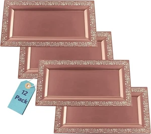 12 (pk) Yumchikel 14" x 7.5" Rose Gold Lace Rim Plastic Serving Tray - Picture 1 of 6