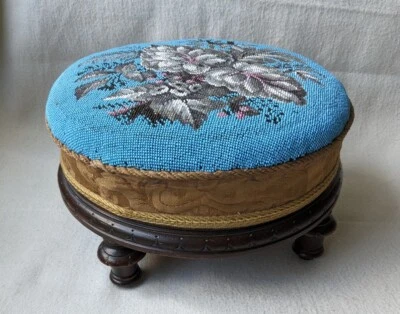 Round Beaded Victorian Footstool Turquoise & White Flowers - Image 1 of 4