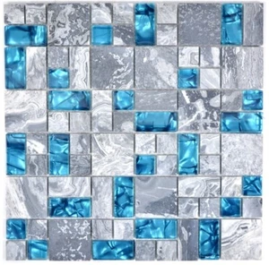 Mosaikfliese grau blau Kombination Glasmosaik Naturstein WC Bad WB88-0404 1Matte - Bild 1 von 3