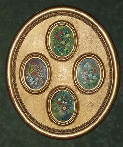 900-OLIO SU TELA- FIORI- SERIE DI MINIATURE CON CORNICE OVALE IN FOGLIA ORO-OIL - Picture 1 of 8