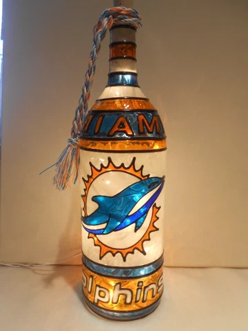 Miami Dolphins Inspired Bottle Lamp Handpainted Stained Glass Look Lighted Cover