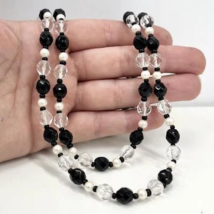 Vintage 36” Long Clear Czech Glass Necklace Black Beads White Glass Pearls - Picture 1 of 6