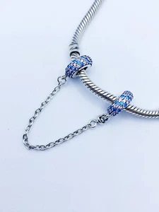 ๐ Pink & Blue Sparkly Safety Chain Spacer Charm Genuine 925 Sterling Silver ๐ - Picture 1 of 10