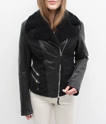Women's Vintage ARMANI Jeans Biker Leather Jacket Shearling Fur Black RARE ~M - Image 1 of 4