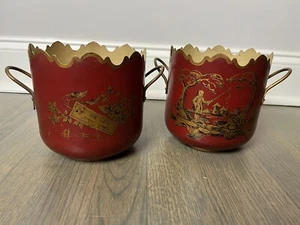 Pair of Late 20th Century French Chinoiserie Cache Pots Red Metal Decor - Picture 1 of 16