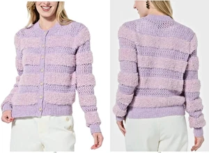 NEW G by Giuliana SZ M  Curly Striped Sweater Knit Cardigan Purple - Picture 1 of 6