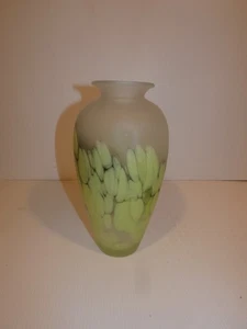 Stunning Tall Art Glass Vase, Frosted White, Green-Tone Geometrics - Picture 1 of 5