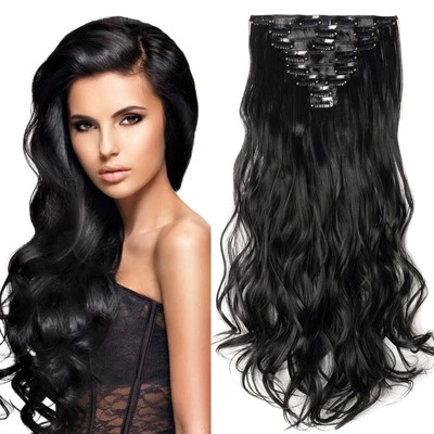 8-teilige Clip-in Extensions 60cm in Schwarz - Welliges Haar, Einfache Anwendung - Bild 1 von 2