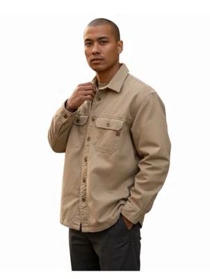 Izod 纽扣衬衫夹克夹克绗缝内衬口袋棕褐色 L 户外工作服 — 第 1/4 张图片