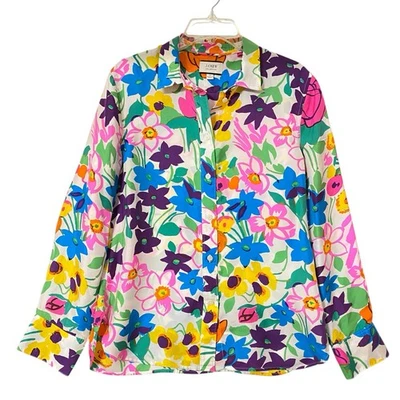 Camisa Blusa de Seda Colección J Crew 10 Multicolor Floral Abotonada Glam Cottage Foto 1 de 4