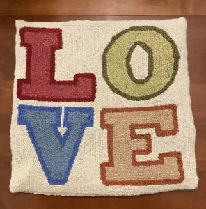 LOVE Accent Pillow Cover Hooked 100% Wool 18” X 18” - Picture 1 of 11