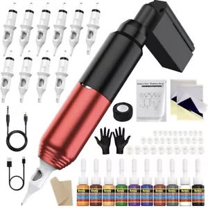 Wireless Rotary Pen Tattoo Machine Pen Starter Kit Bundle PMU (Black/Red) - Picture 1 of 6