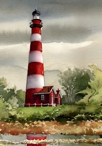 Imán para nevera Assateague faro. Acuarela Chincoteague VA. James Mann - Imagen 1 de 2