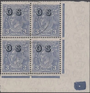 Stamp KGV 3d blue C of A watermark overprinted OS bottom right hand block 4 cto - Picture 1 of 2