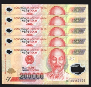 Vietnamese Dong 200000 200k 5 Pieces Lot Polymer Banknotes in Vietnam VND UNC - Picture 1 of 3
