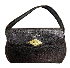 TRUE VINTAGE CROCO BROWN GENUINE LEATHER FLAP TURN LOCK HANDBAG PURSE POCKETBOOK - Picture 1 of 11