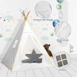 Tienda tipi plegable Canva blanca para niños con tapete acolchado y cuerda de luz y banderín - Imagen 1 de 8