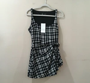 ZARA NEW WOMAN S SHORT STRAPPY CHECK SIDE-BELTED DRESS BLACK Academia Preppy - Picture 1 of 8