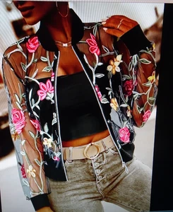 Black Embroidered Mesh Bomber Jacket size 12/14 ,16 , 18 - Picture 1 of 7