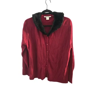 Nygard Collection Red Cardigan L – Faux Fur Collar, Classic, Retro - Picture 1 of 10