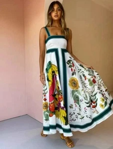 Vestido Alemais Frutta Sun Talla AU 10 / US 6 Flores Frutales Blanco Verde Lino - Imagen 1 de 8