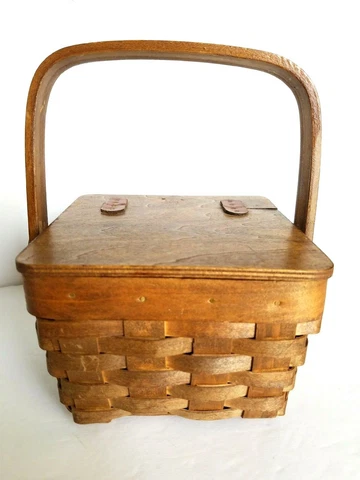 Vintage Basket Mini Picnic Style w Lid Handle Leather Hinges Bent Wood 5.25" Squ Cover