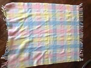 Vintage Tennessee Woolen Mills Baby Blanket Pastel plaid Fringe Acrylic Unisex 