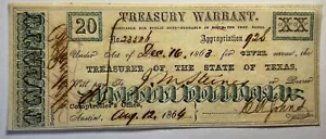 1864 $20 Civil War Era Texas Treasury Warrant no. 23306 Hand Signed & Numbered - Picture 1 of 2