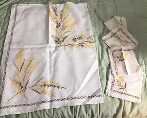 Vintage Embroidered Tablecloth yellow gold brown wheat embroidery 48 x 62 