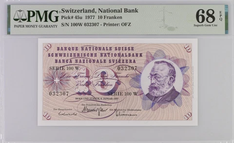 Switzerland 10 Franken 1977 P 45 u Superb Gem UNC PMG 68 EPQ Cover