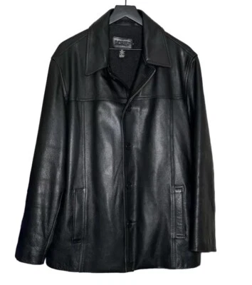 J. Crew 男式重量级皮革夹克黑色中号羊毛混纺衬里 — 第 1/4 张图片