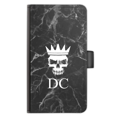 Personalised Initial PU Leather Phone Case Skull Crown Black Marble Flip Cover - Image 1 of 4