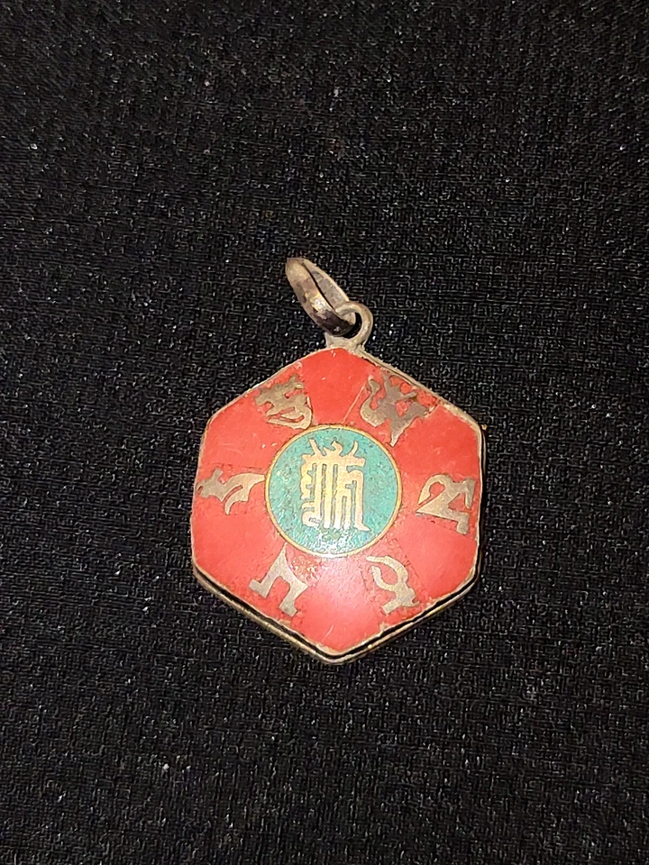 Antique Tradizionale Nepal Etnico Smalto Argento Gioielli Collo Pnedente - Immagine 1 di 3