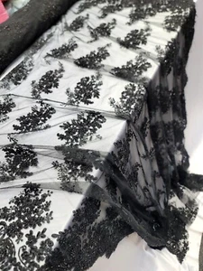 Black Beaded Lace Fabric Embroidery By The Yard Prom Dress Scalloped Floral Lace - Picture 1 of 16