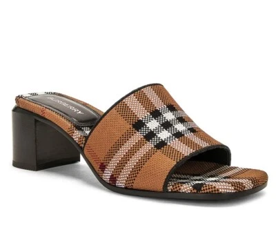 Burberry Wilma 55 Womens Heel Sandals Mules Birch Brown Check Size 37.5 / US 7.5 - Image 1 of 4