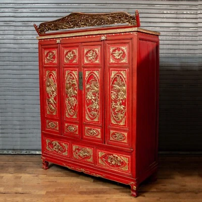Vintage Chinese Carved Red & Gold Lacquer 4 Door Cabinet - Image 1 of 4