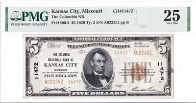 $5 1929 T2 National KANSAS CITY Missouri MO 🇺🇸 PMG 25 Very Fine 🇺🇸 - Image 1 of 2