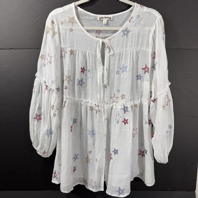 Top Babydoll Hope Springs Talla LG Bordado Estrellas Patriótico Rojo Blanco Azul Boho Foto 1 de 4