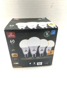 Globe 60 Watt LED Light Bulbs 4 Pack Dimmable 800 Lumens A19 Medium Base - Picture 1 of 6