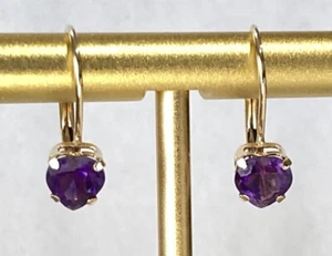 Vtg US Made Pristine 10k Yellow Gold 5mm Heart Cut Amethyst Leverback Earrings - Picture 1 of 6