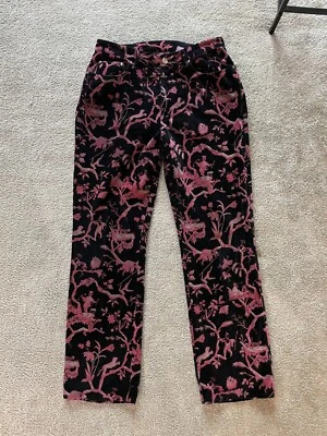 CJ Laing Size 10 Black Velvet Pink Jungle Floral Patter Straight Leg Pant - Image 1 of 3
