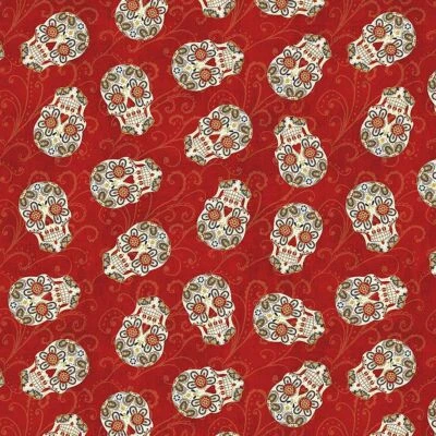 WILD APPLE DAY OF THE DEAD RED SUGAR SKULL 1 YARD 36"x44" PRE-CUT COTTON FABRIC! - Image 1 of 3