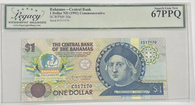 Bahamas Central Bank 1 Dollar (1992) Commemorative Legacy Superb Gem New 67PPQ - Image 1 of 3