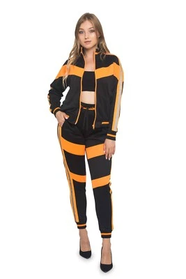 Conjunto de chándal sudadera y pantalones reflectantes a rayas de neón para mujer VL213 Foto 1 de 2