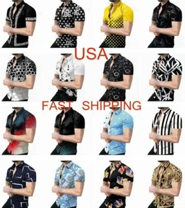 Button Down Shirt Men's Fashion Graphic Short Sleeve Casual Hawaiian Party Dress - Picture 1 of 26